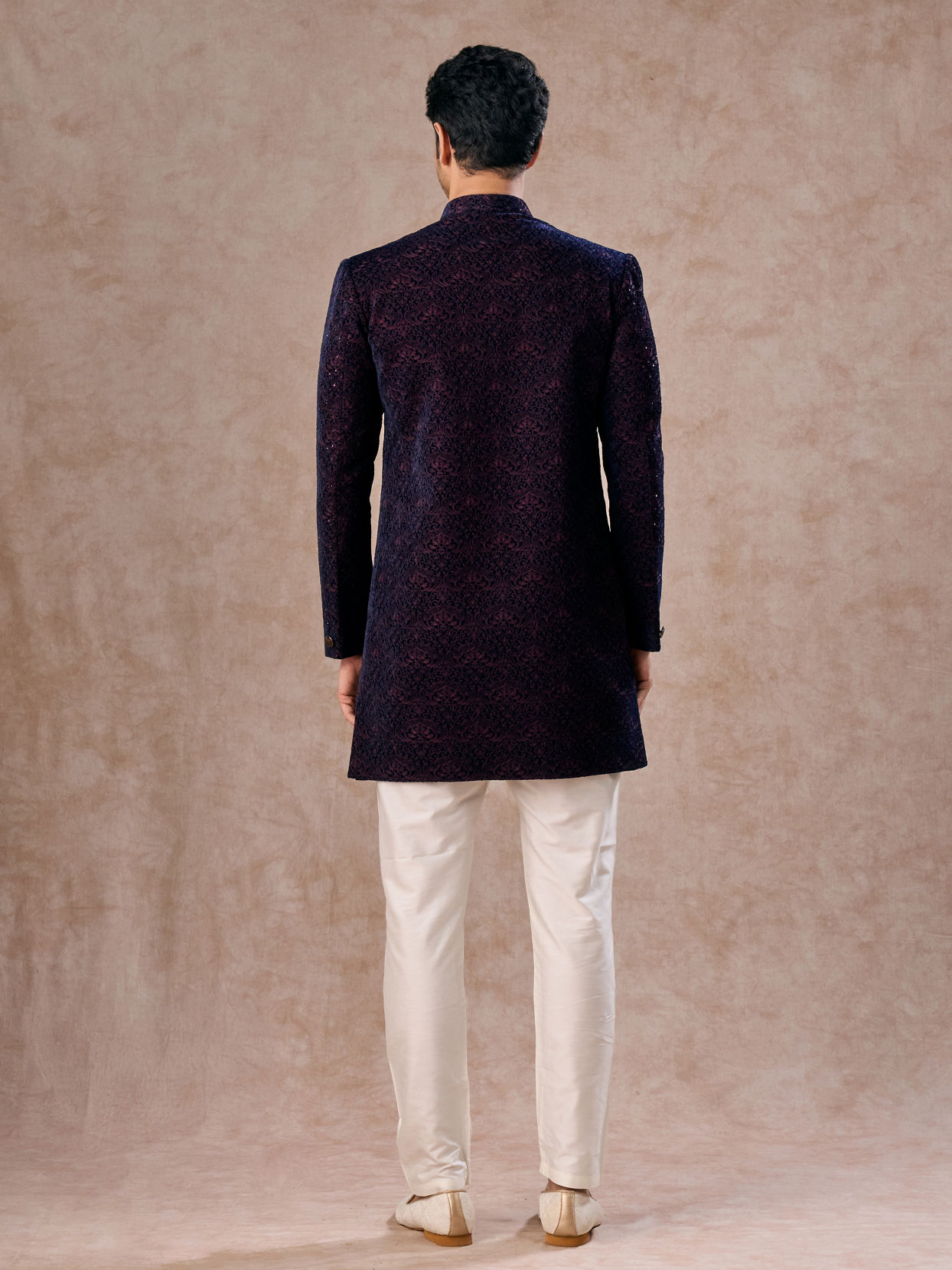 Manyavar Men Deep Blue and Wine Imperial Patterned Indo Western Set