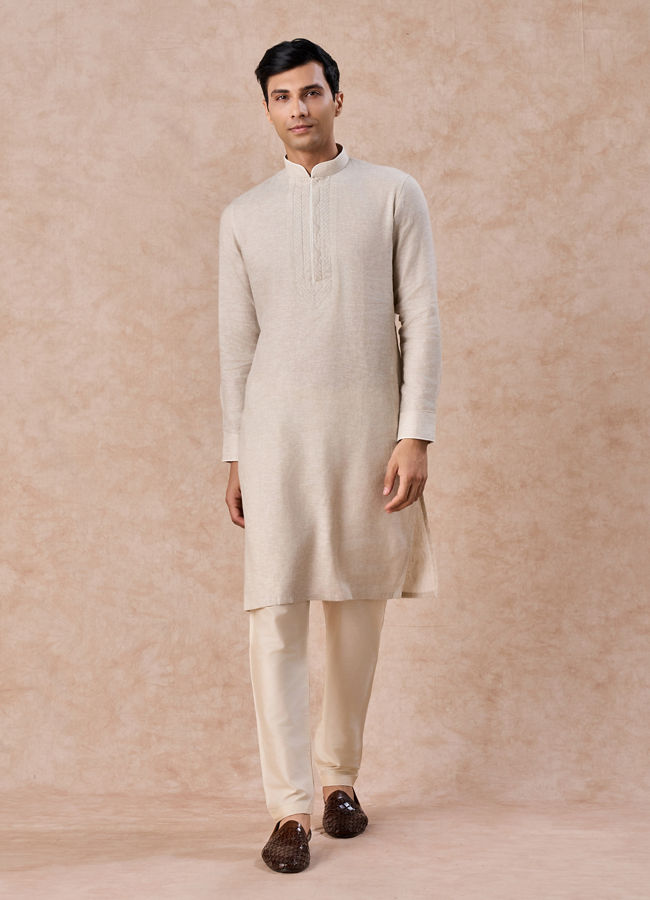 Manyavar Men Natural Beige Embroidered Neckline Kurta