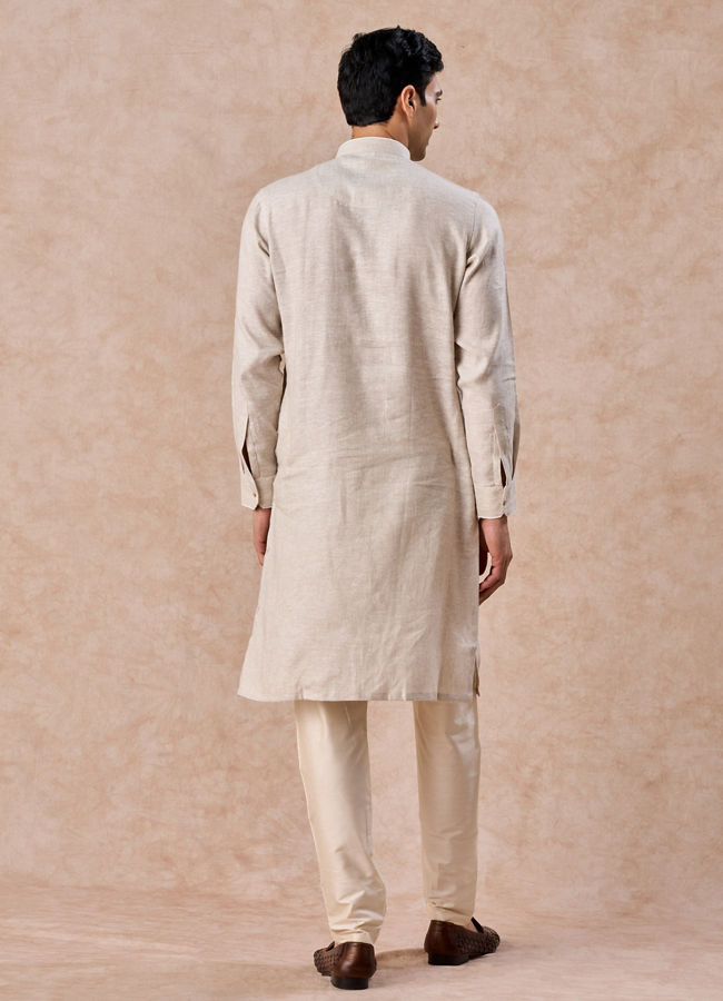 Manyavar Men Natural Beige Embroidered Neckline Kurta