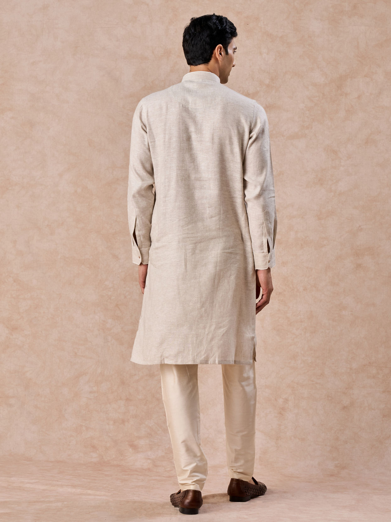 Manyavar Men Natural Beige Embroidered Neckline Kurta