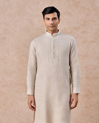Manyavar Men Natural Beige Embroidered Neckline Kurta