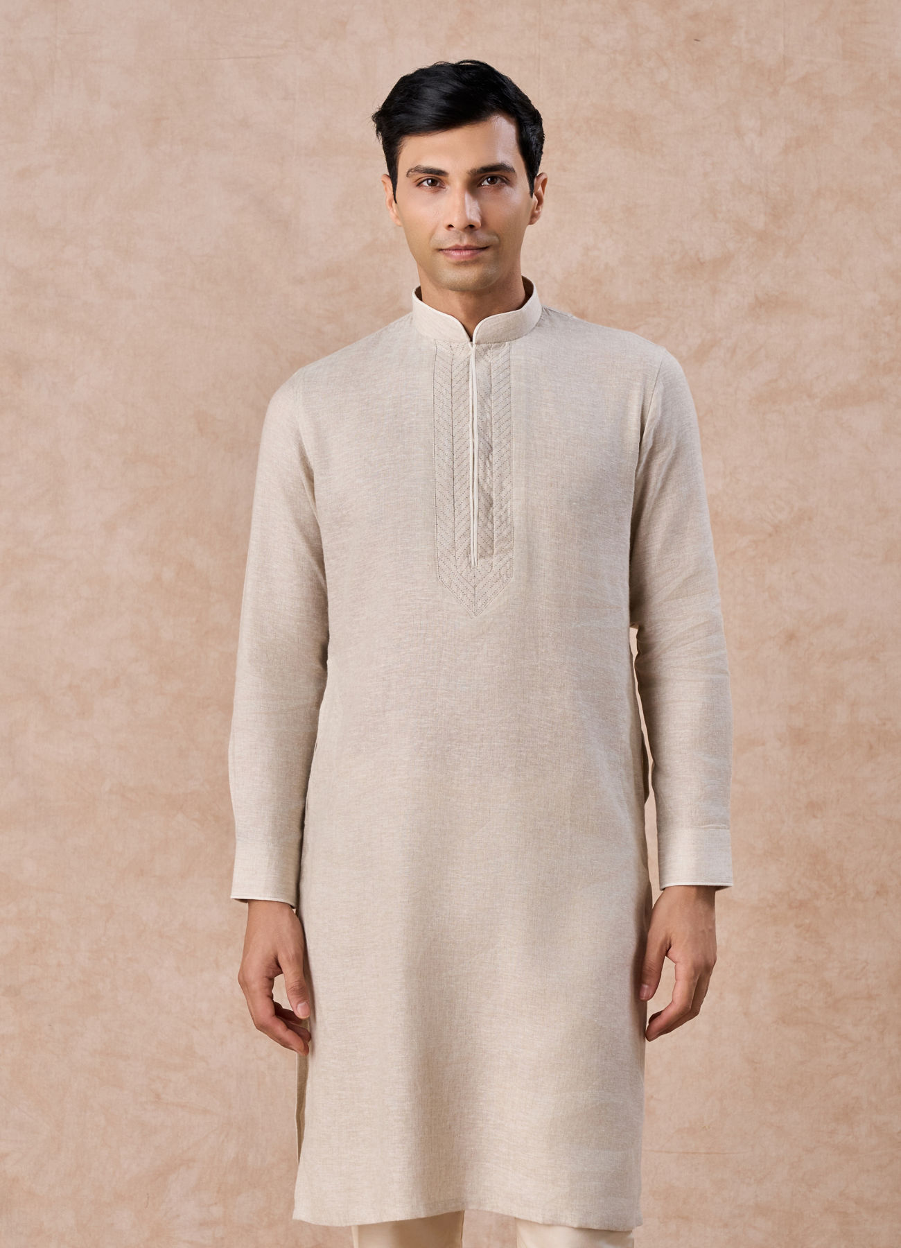 Manyavar Men Natural Beige Embroidered Neckline Kurta
