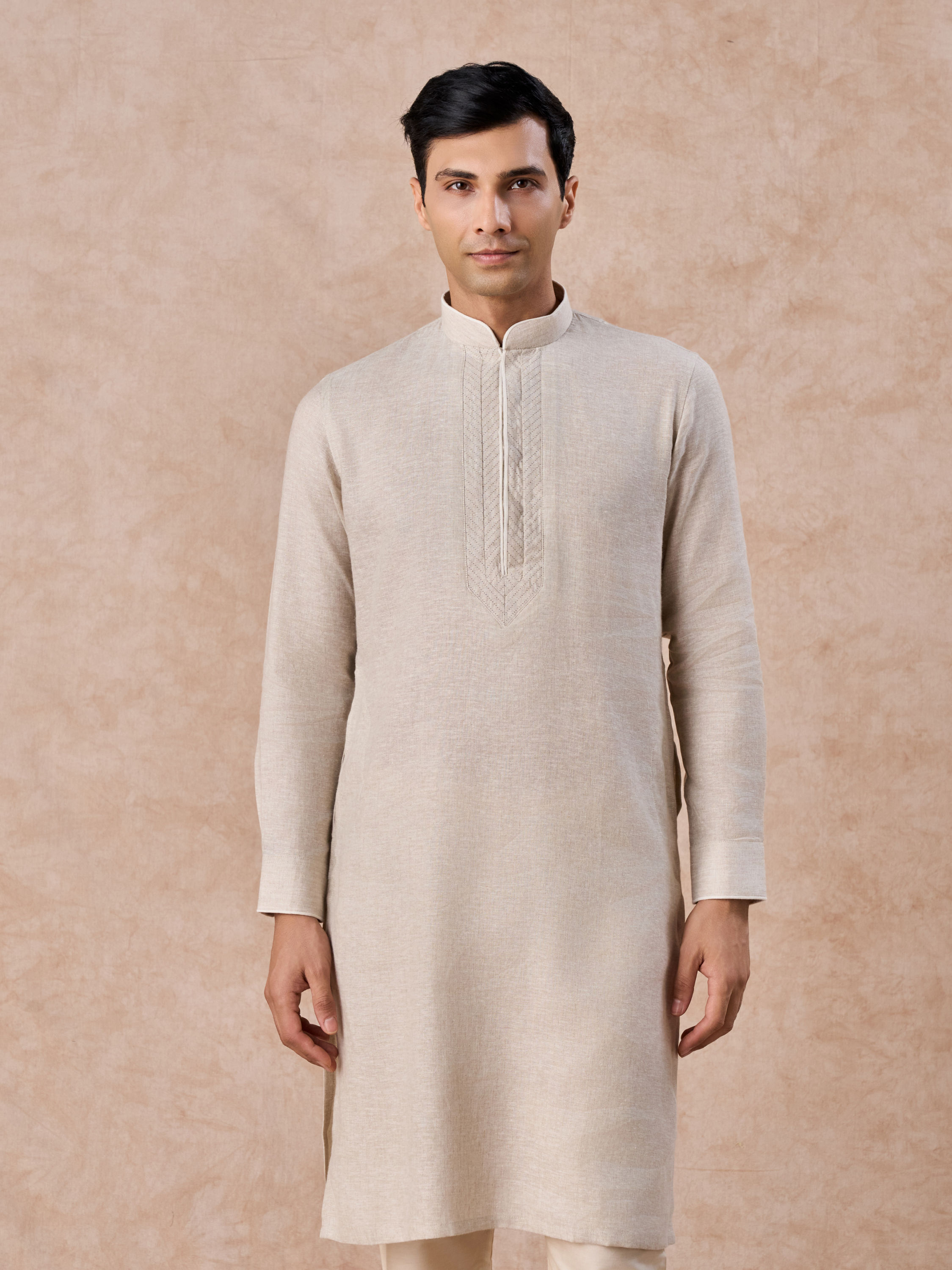 Manyavar Men Natural Beige Embroidered Neckline Kurta