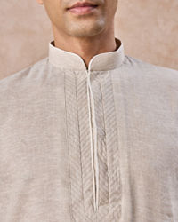 Manyavar Men Natural Beige Embroidered Neckline Kurta