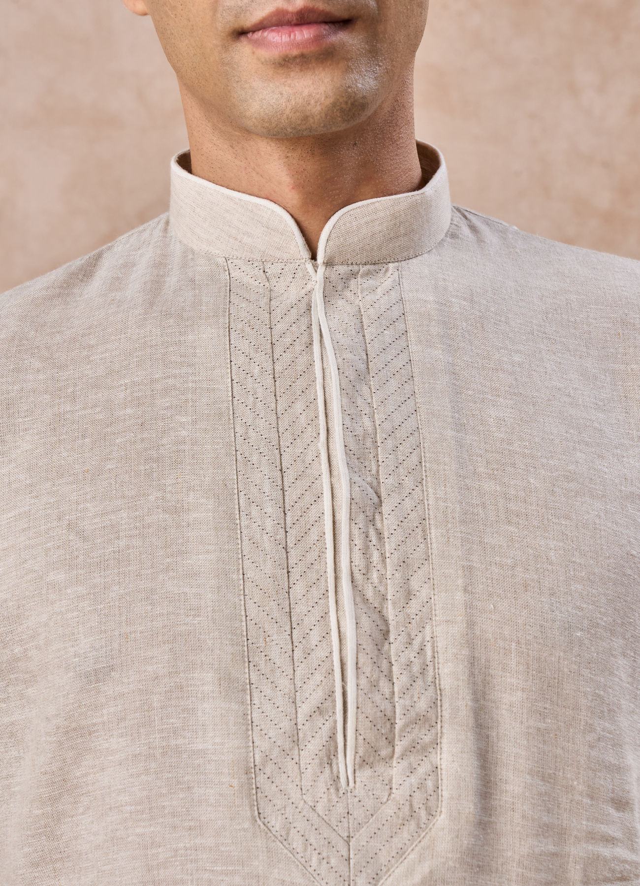 Manyavar Men Natural Beige Embroidered Neckline Kurta