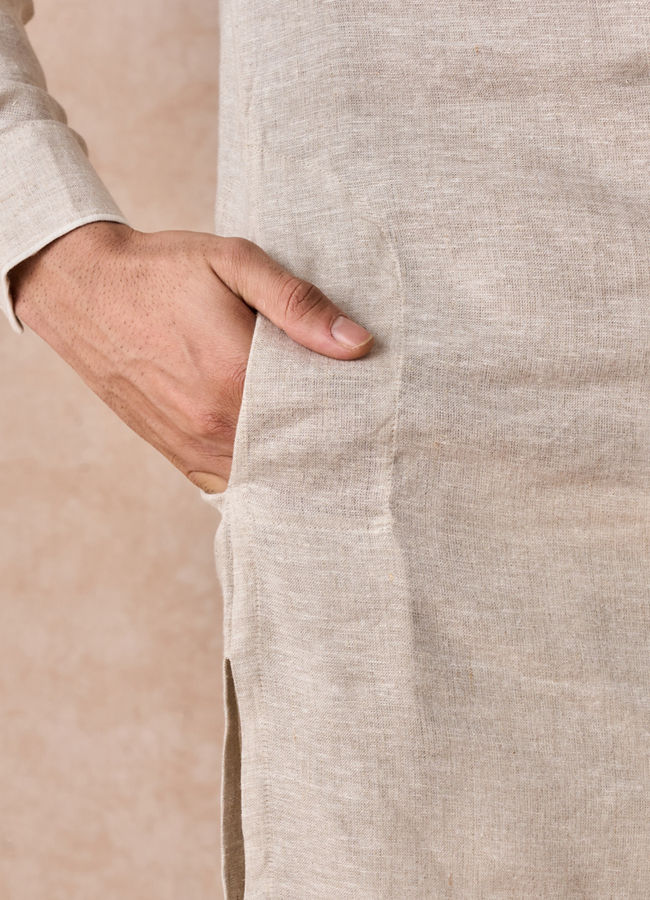 Manyavar Men Natural Beige Embroidered Neckline Kurta