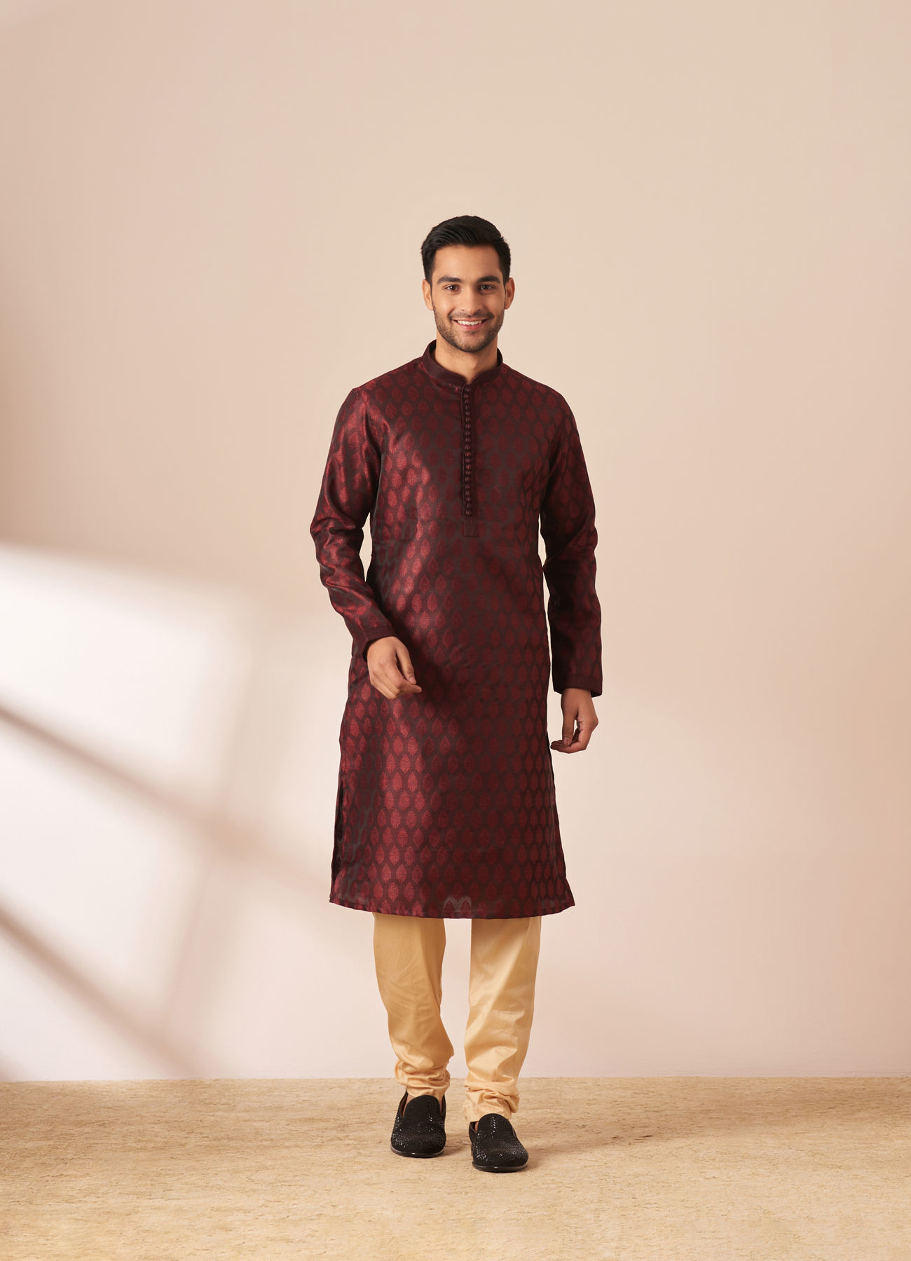 Manyavar Men Dark Maroon Jacquard Kurta Pajama