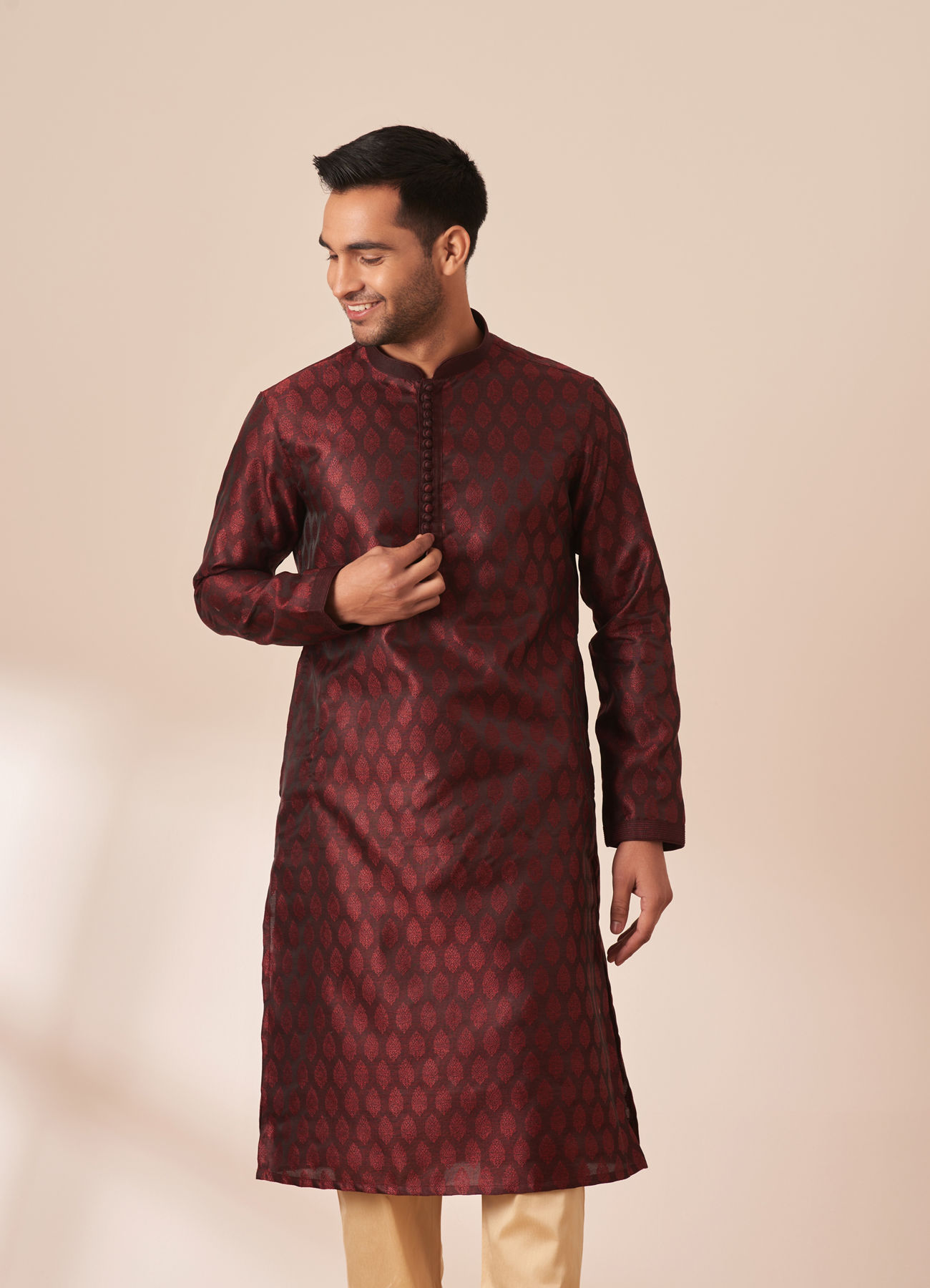 Manyavar Men Dark Maroon Jacquard Kurta Pajama