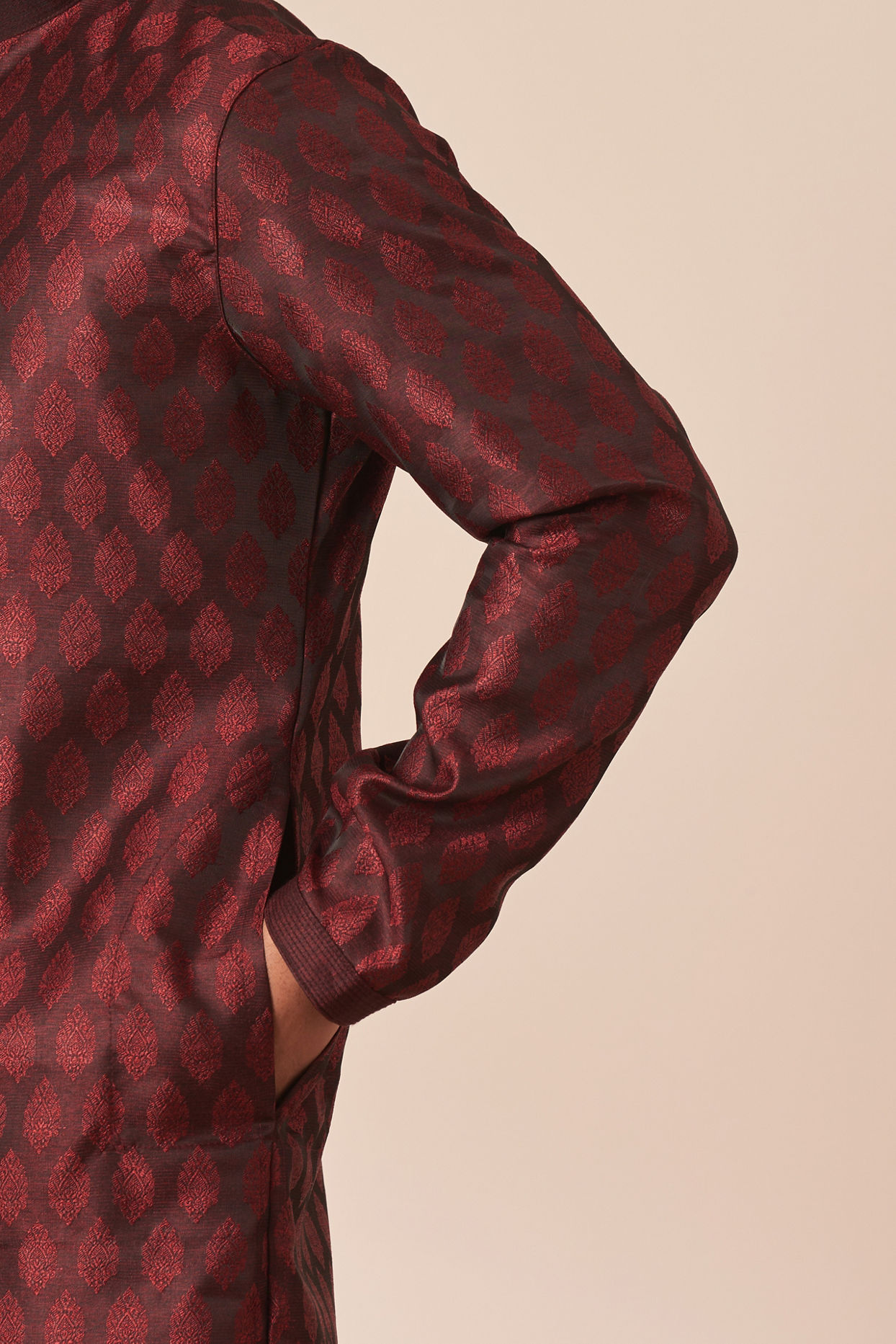 Manyavar Men Dark Maroon Jacquard Kurta Pajama