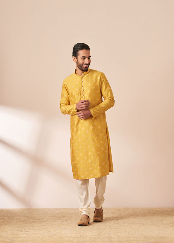 Manyavar Men Yolk Yellow Self Design Kurta Pajama