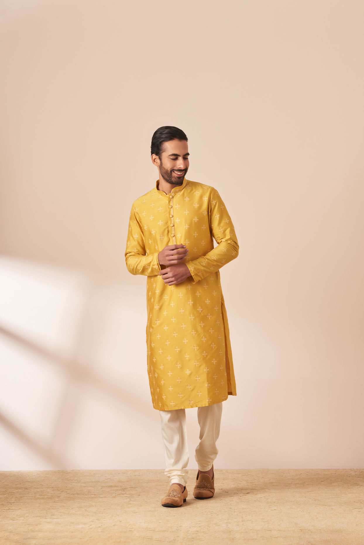 Manyavar Men Yolk Yellow Self Design Kurta Pajama
