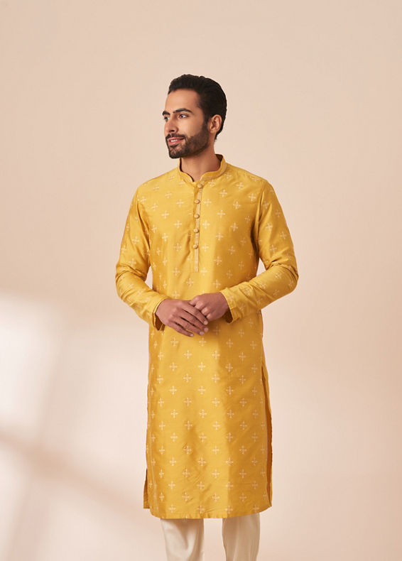 Manyavar Men Yolk Yellow Self Design Kurta Pajama