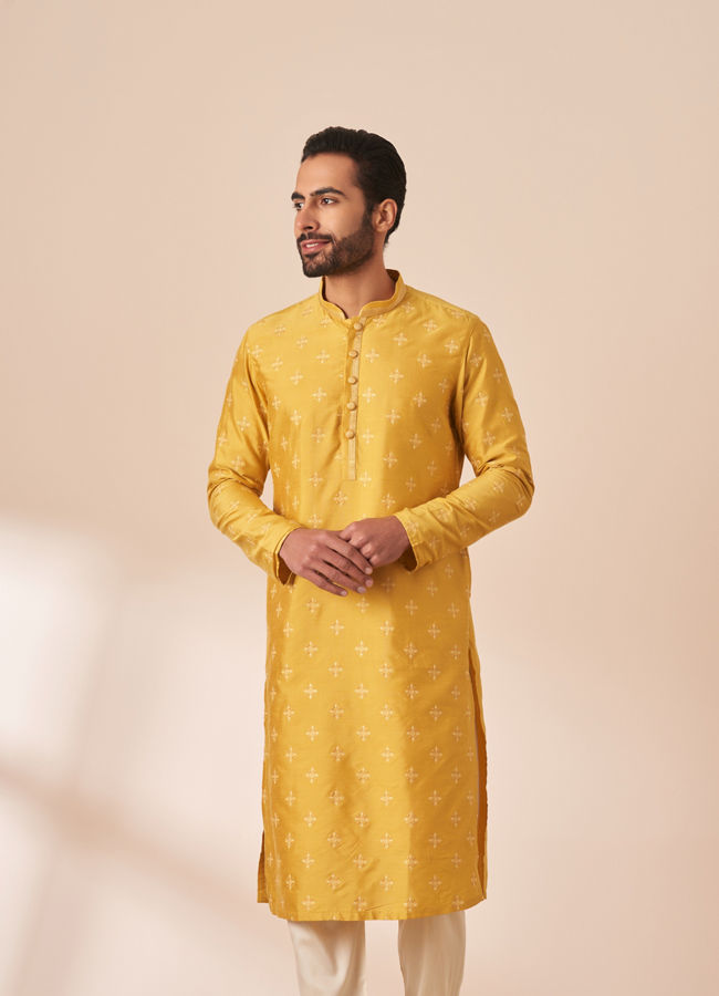 Yolk Yellow Self Design Kurta Pajama