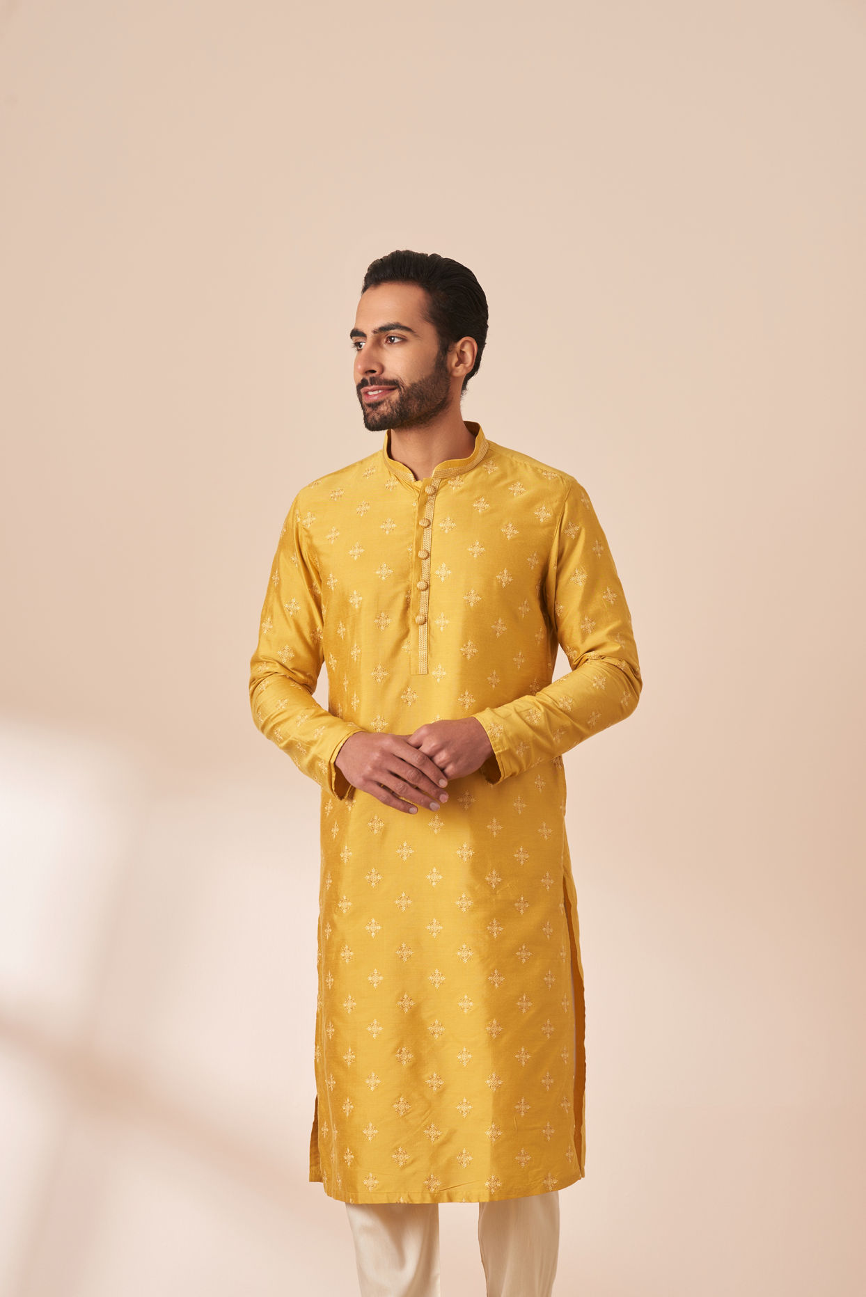 Manyavar Men Yolk Yellow Self Design Kurta Pajama