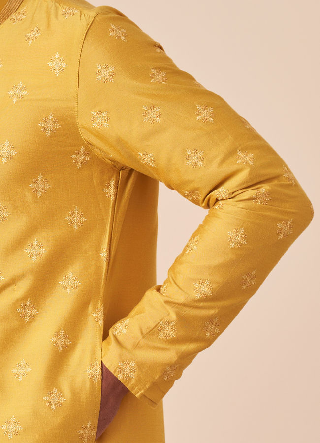 Manyavar Men Yolk Yellow Self Design Kurta Pajama