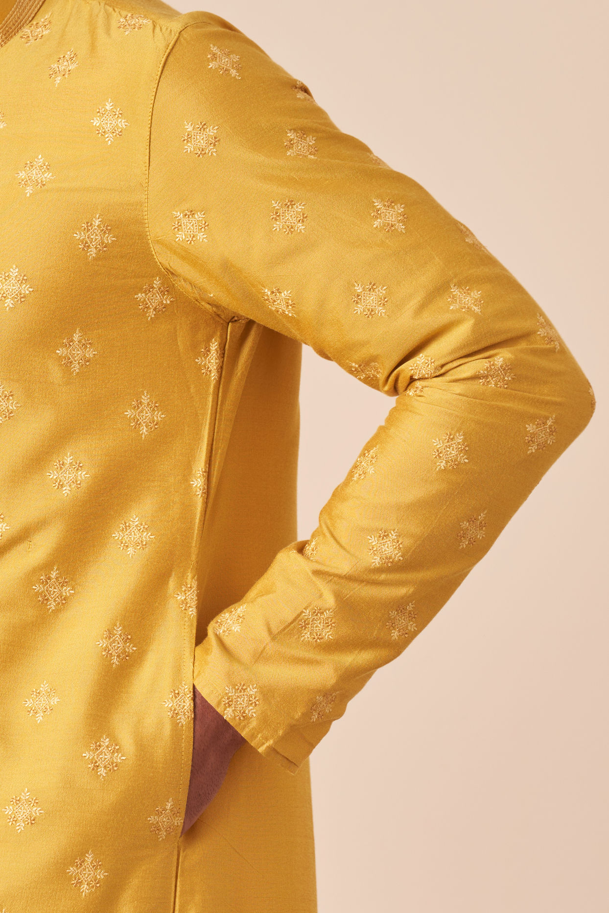 alt message - Manyavar Men Yolk Yellow Self Design Kurta Pajama image number 2