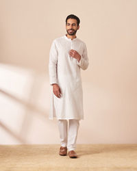 Manyavar Men White Self Striped Kurta Pajama