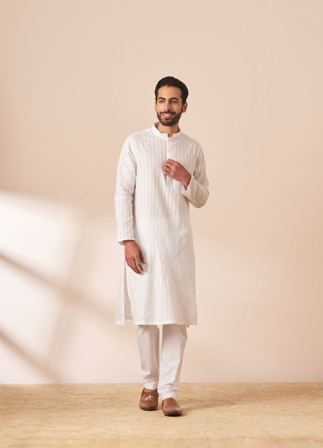 Manyavar Men White Self Striped Kurta Pajama image number 1