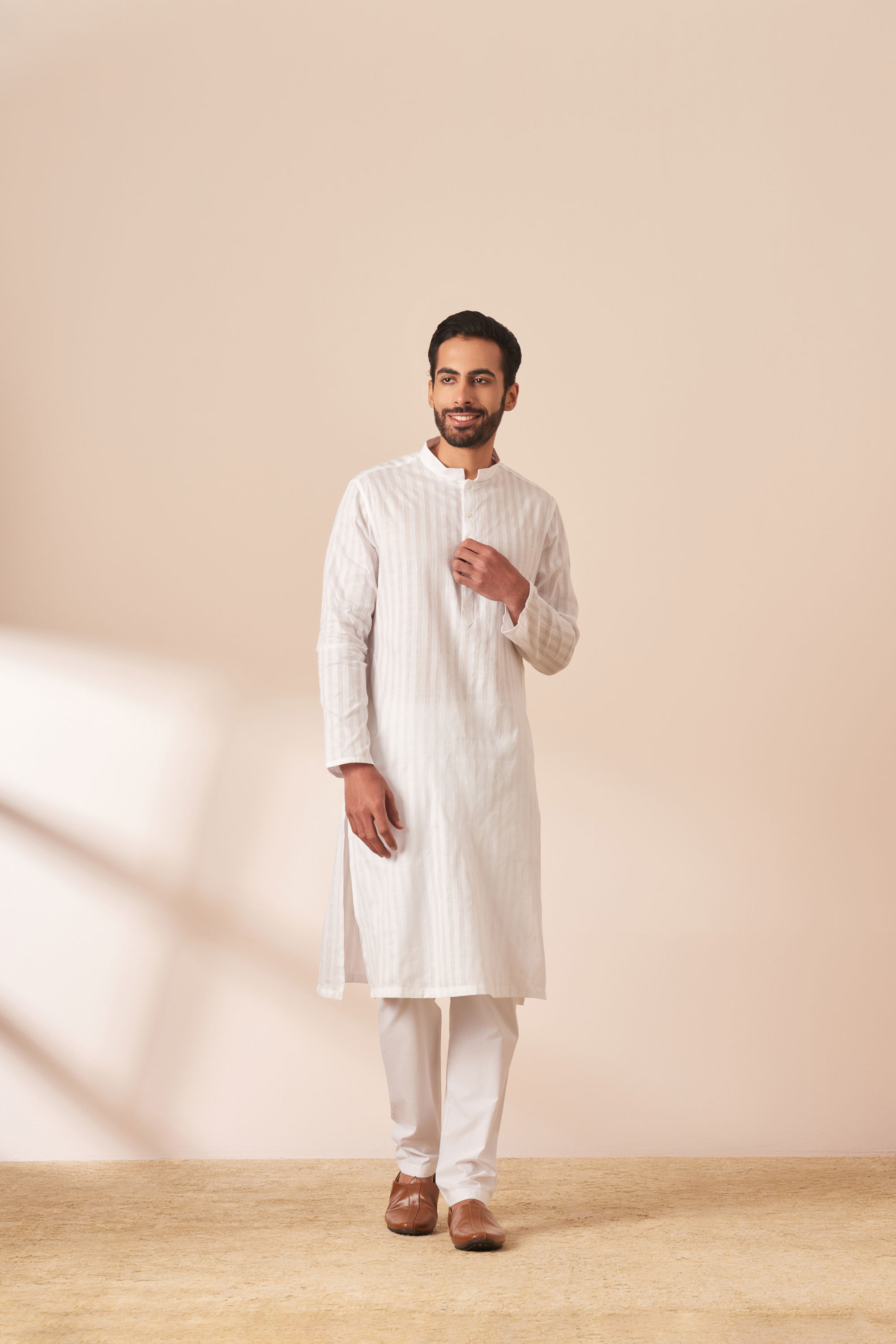 Manyavar Men White Self Striped Kurta Pajama