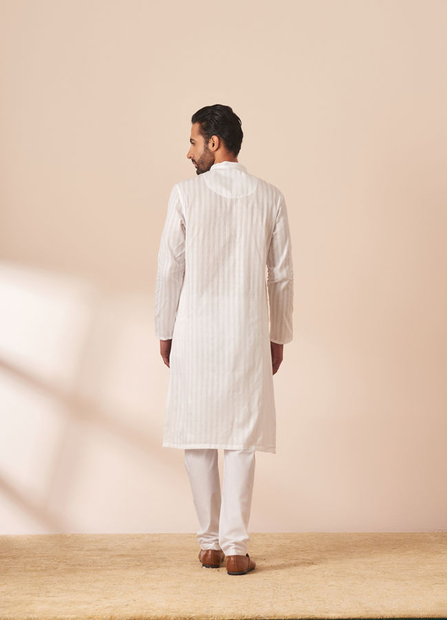 Manyavar Men White Self Striped Kurta Pajama