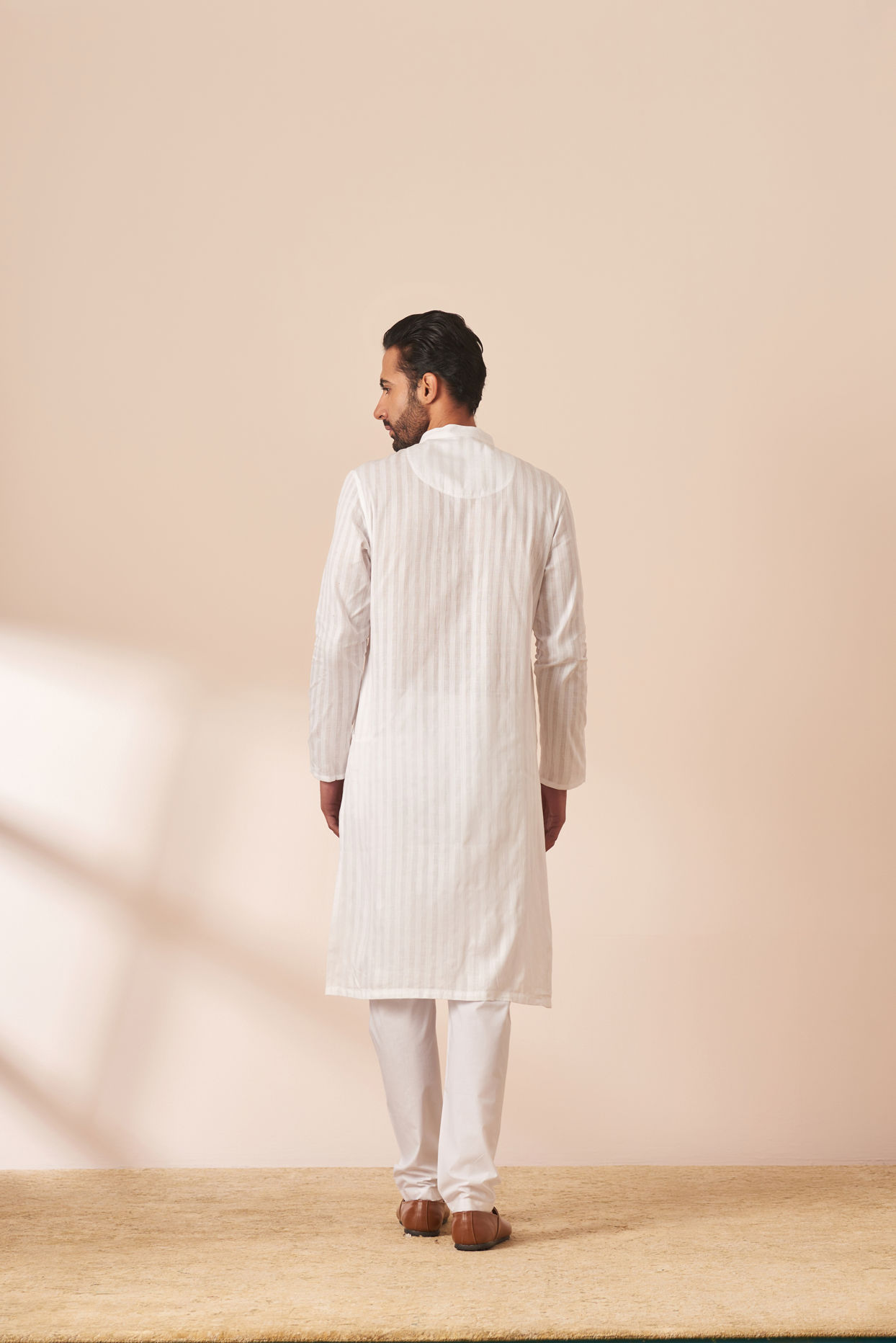 Manyavar Men White Self Striped Kurta Pajama