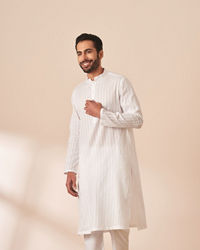 Manyavar Men White Self Striped Kurta Pajama