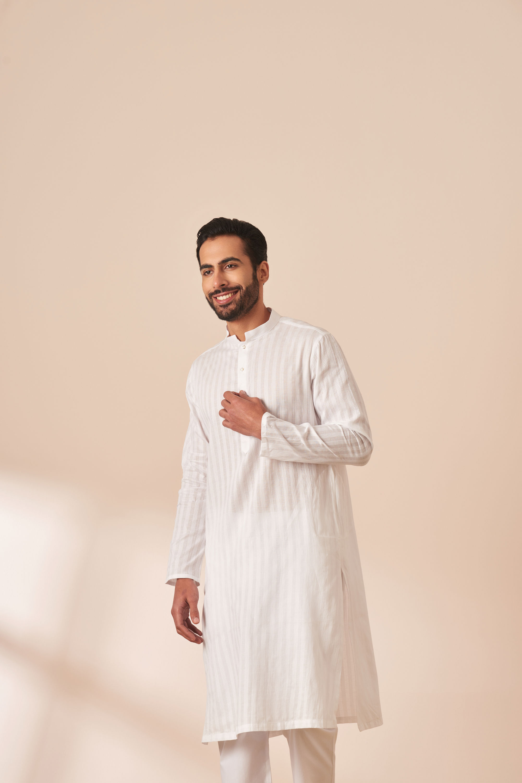 Manyavar Men White Self Striped Kurta Pajama