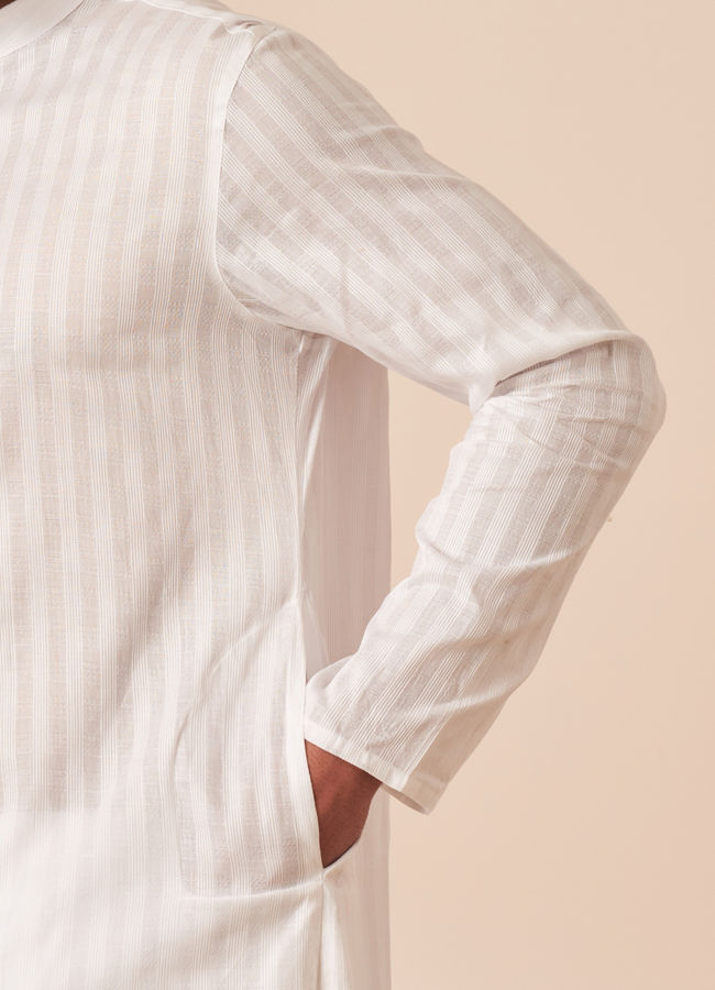 Manyavar Men White Self Striped Kurta Pajama
