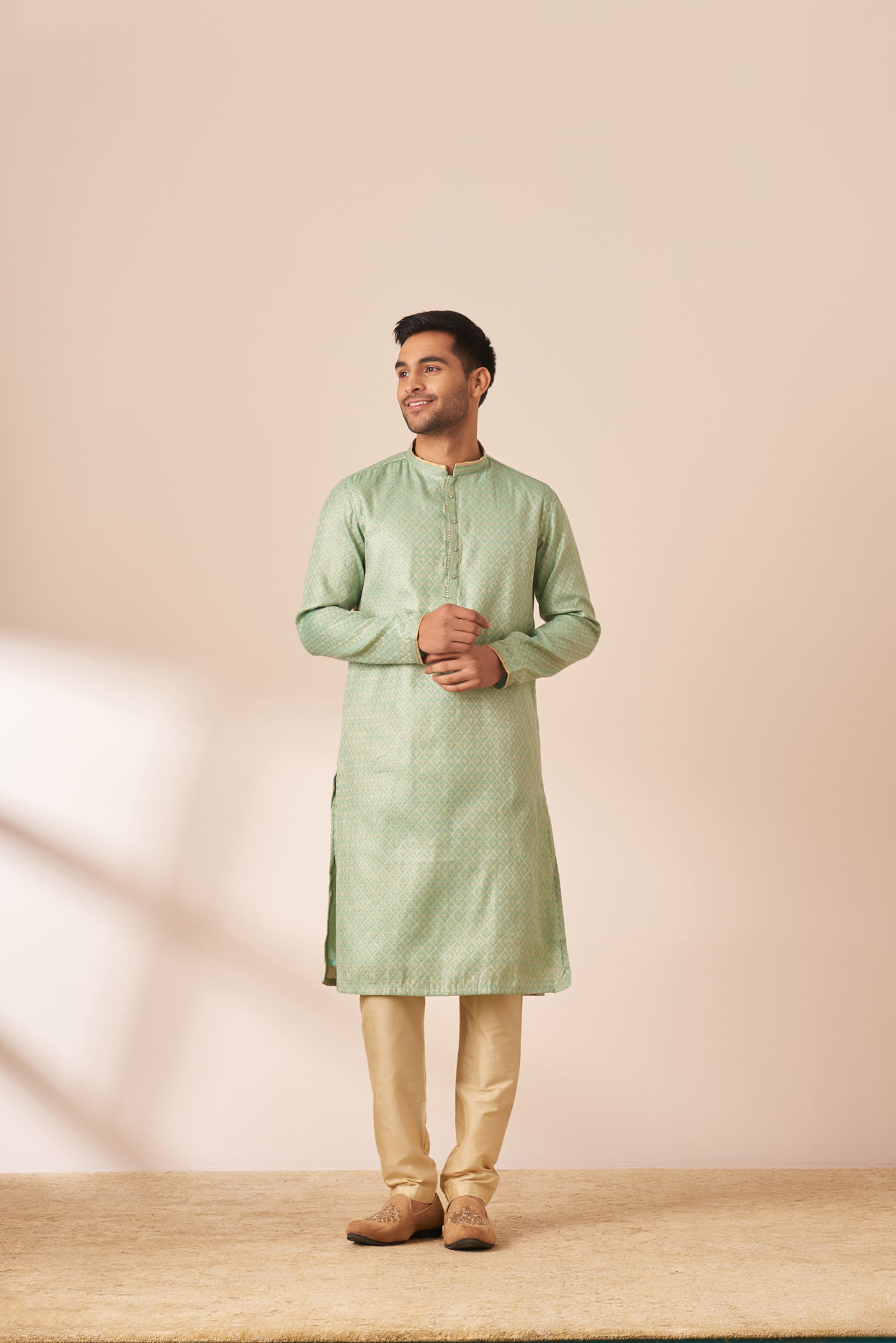 Manyavar Men Pastel Green Jacquard Kurta Pajama