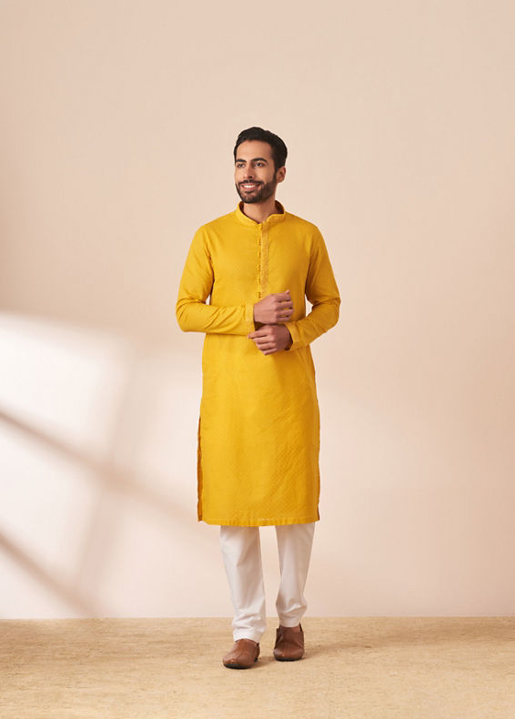 Manyavar Men Yolk Yellow Booti Self Motif Kurta Pajama