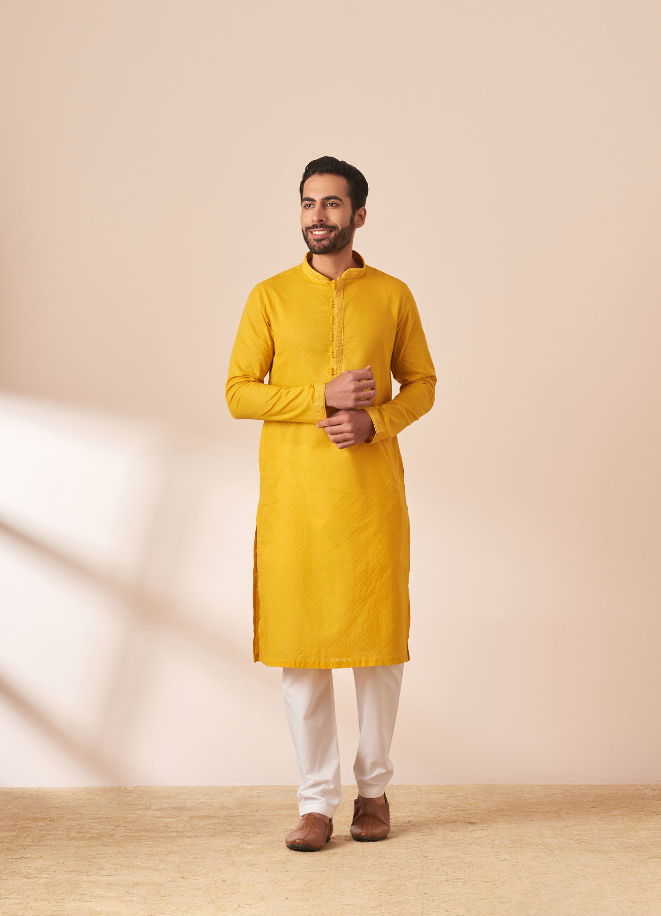 Manyavar Men Yolk Yellow Booti Self Motif Kurta Pajama