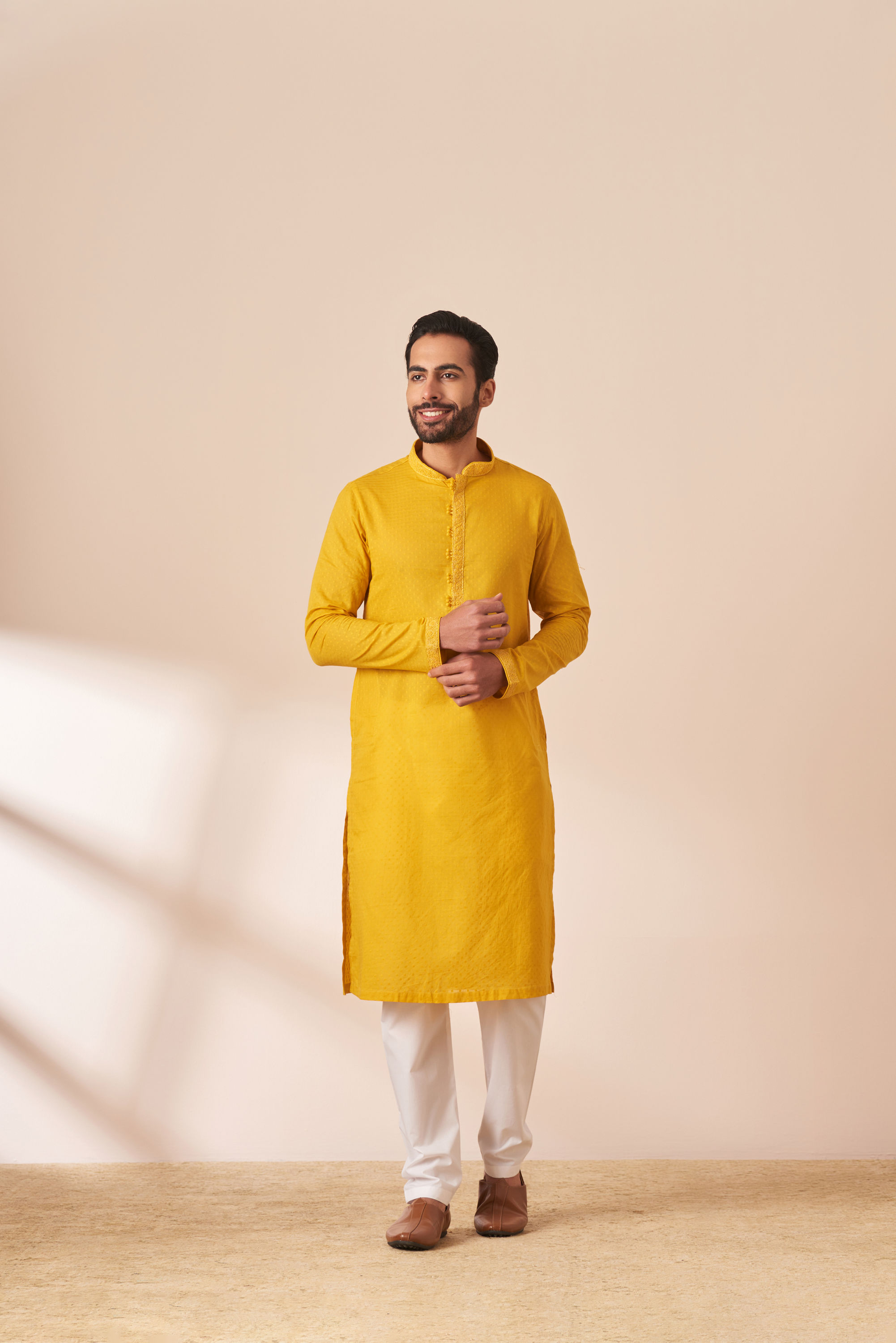 Manyavar Men Yolk Yellow Booti Self Motif Kurta Pajama