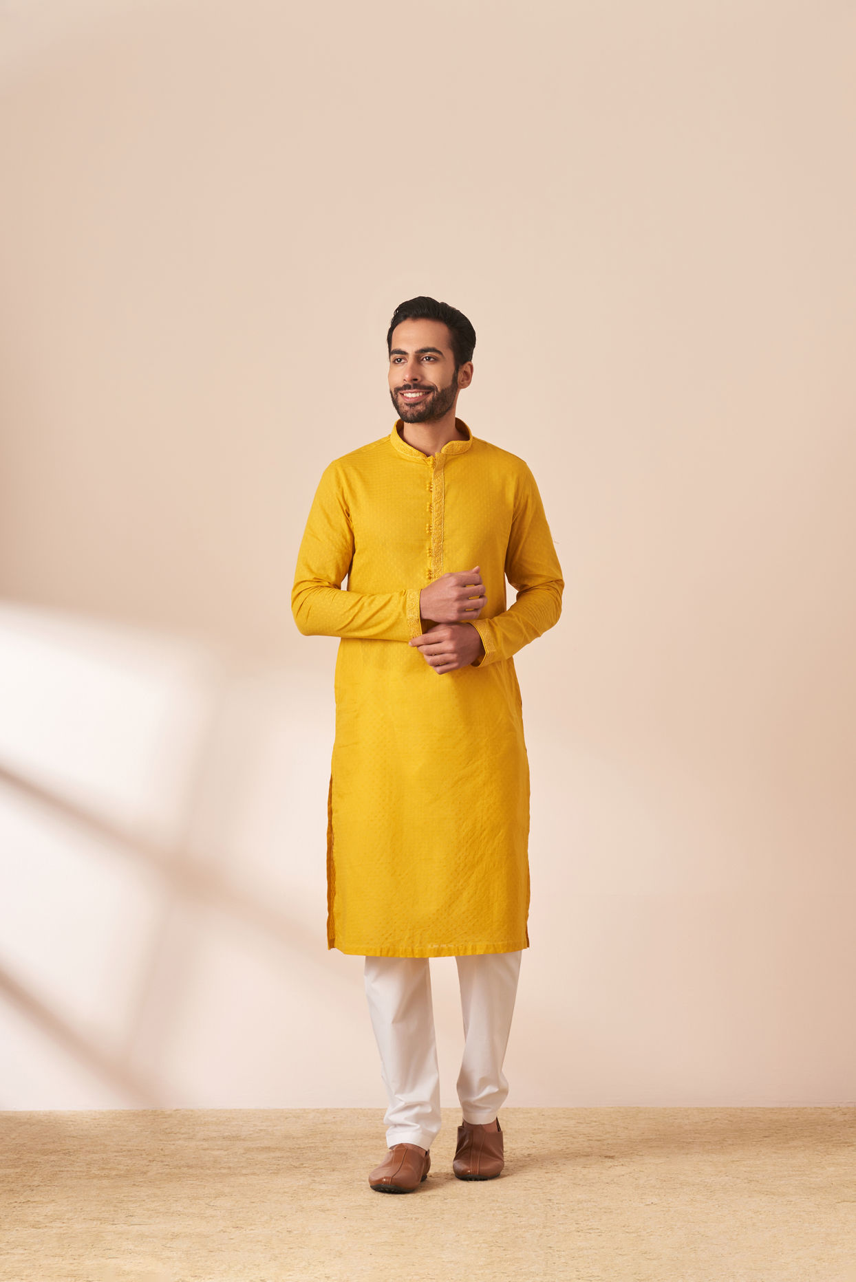 Manyavar Men Yolk Yellow Booti Self Motif Kurta Pajama