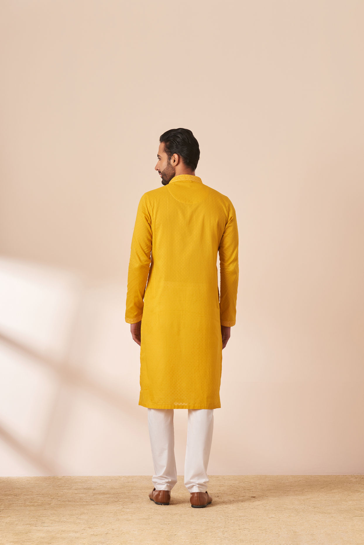 Manyavar Men Yolk Yellow Booti Self Motif Kurta Pajama