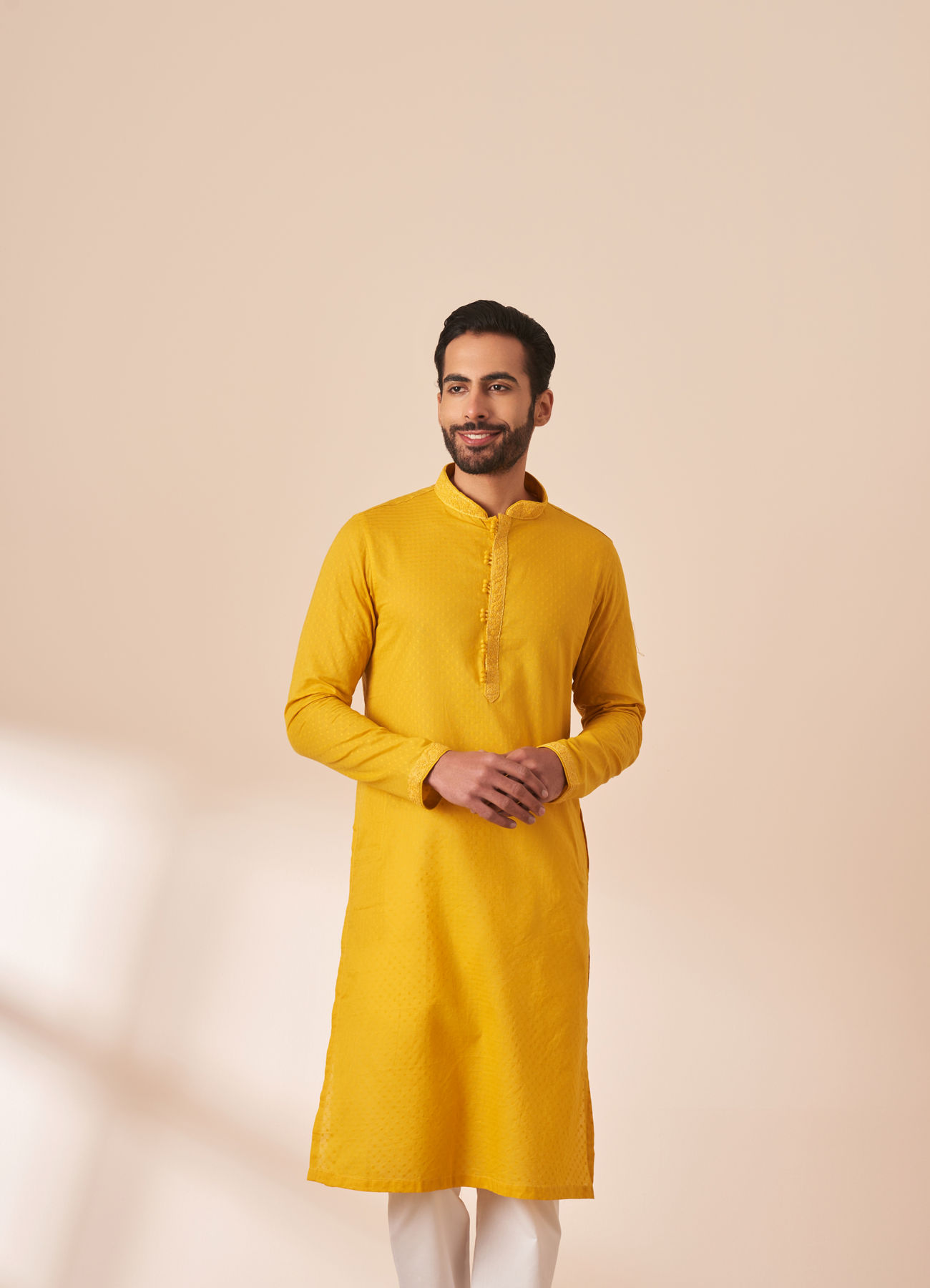 Manyavar Men Yolk Yellow Booti Self Motif Kurta Pajama