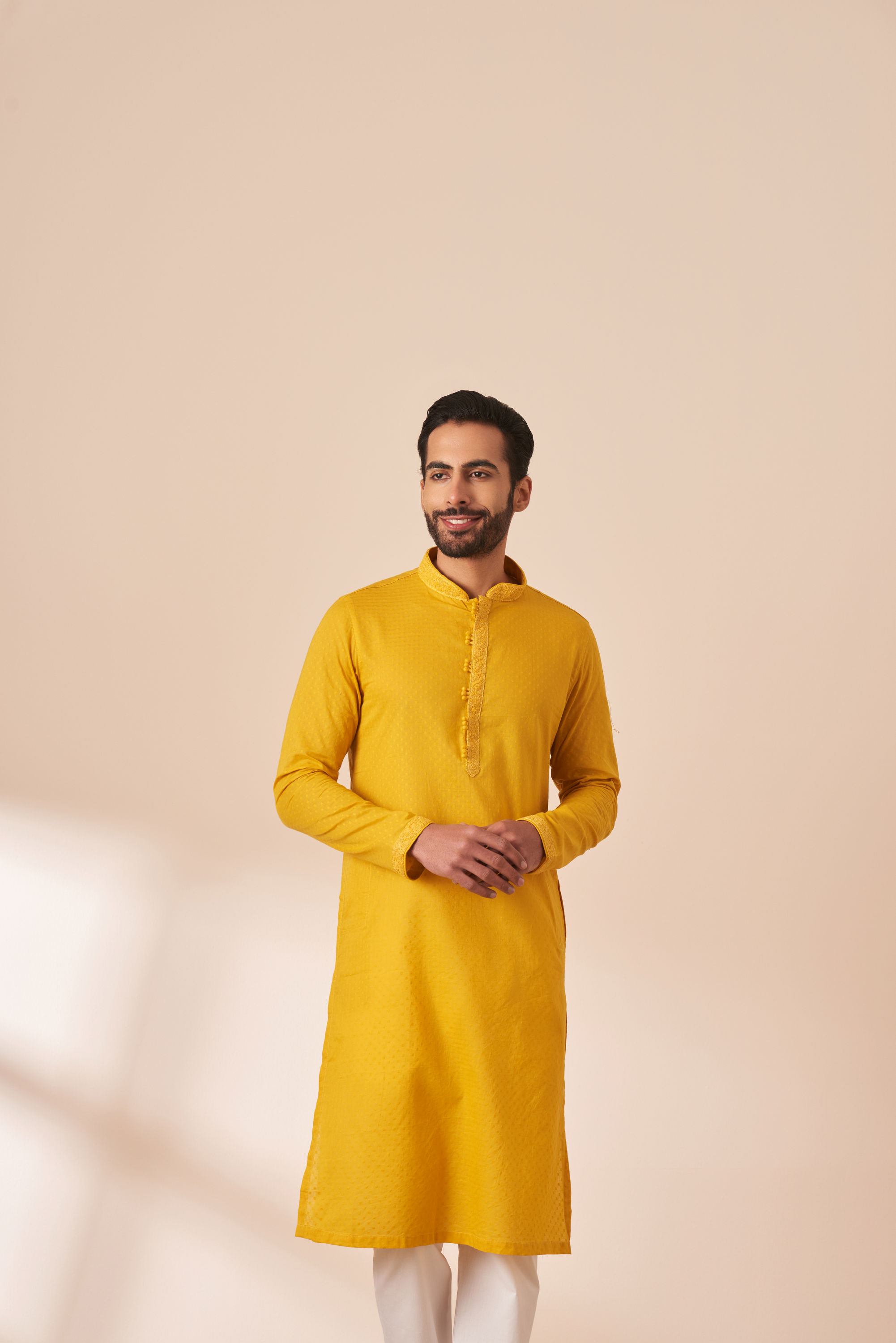 Manyavar Men Yolk Yellow Booti Self Motif Kurta Pajama