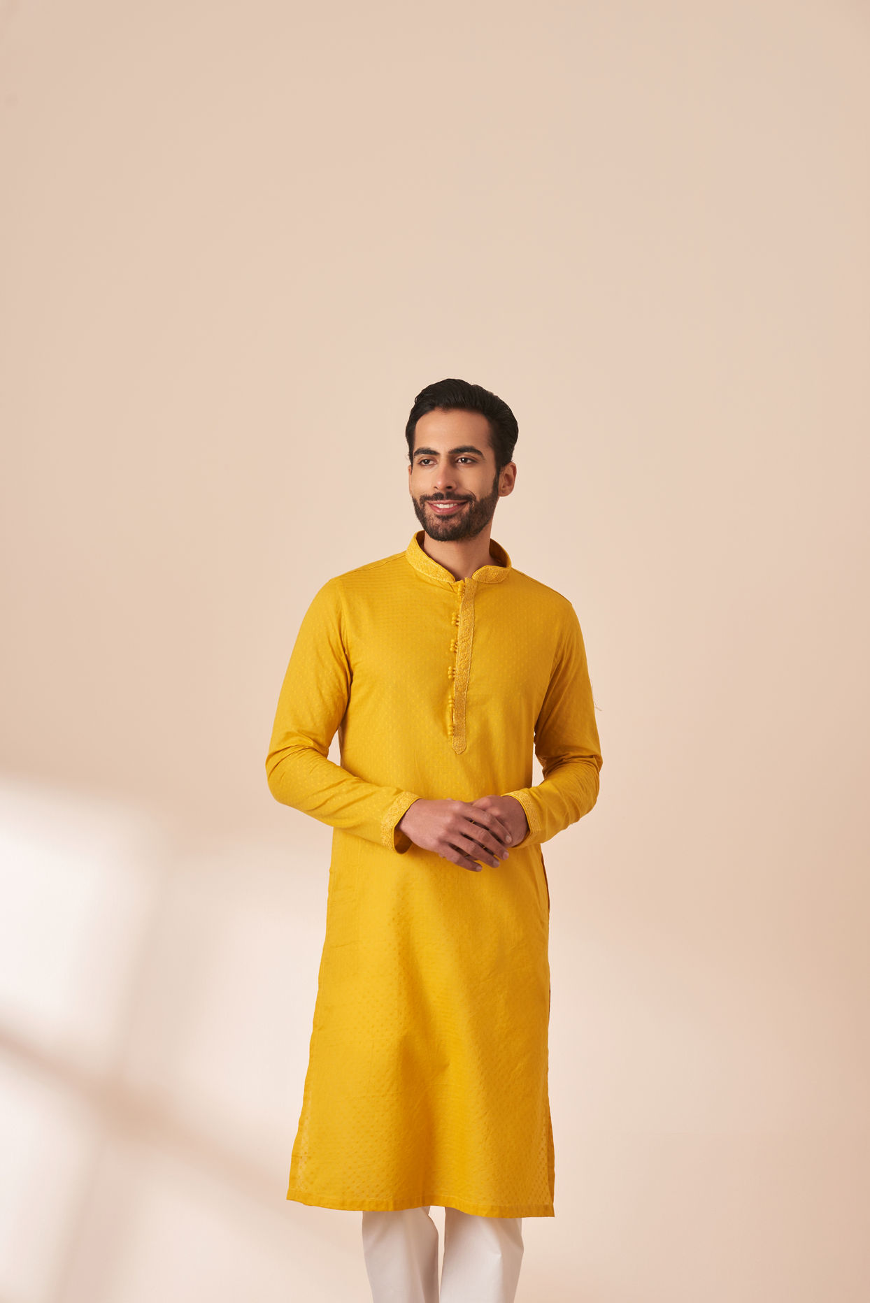 Manyavar Men Yolk Yellow Booti Self Motif Kurta Pajama