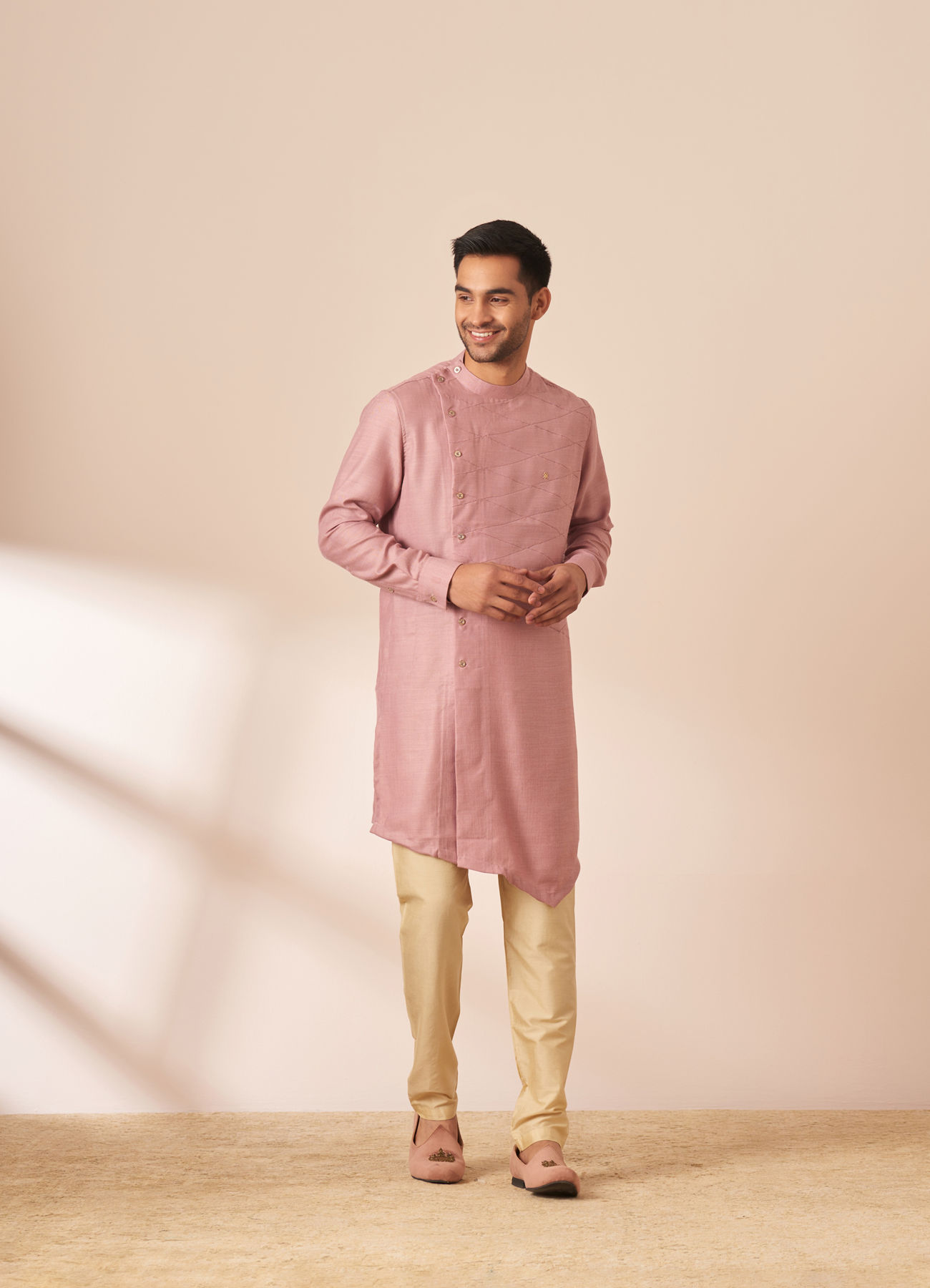 Manyavar Men Light Pink Thread Embroidered Kurta