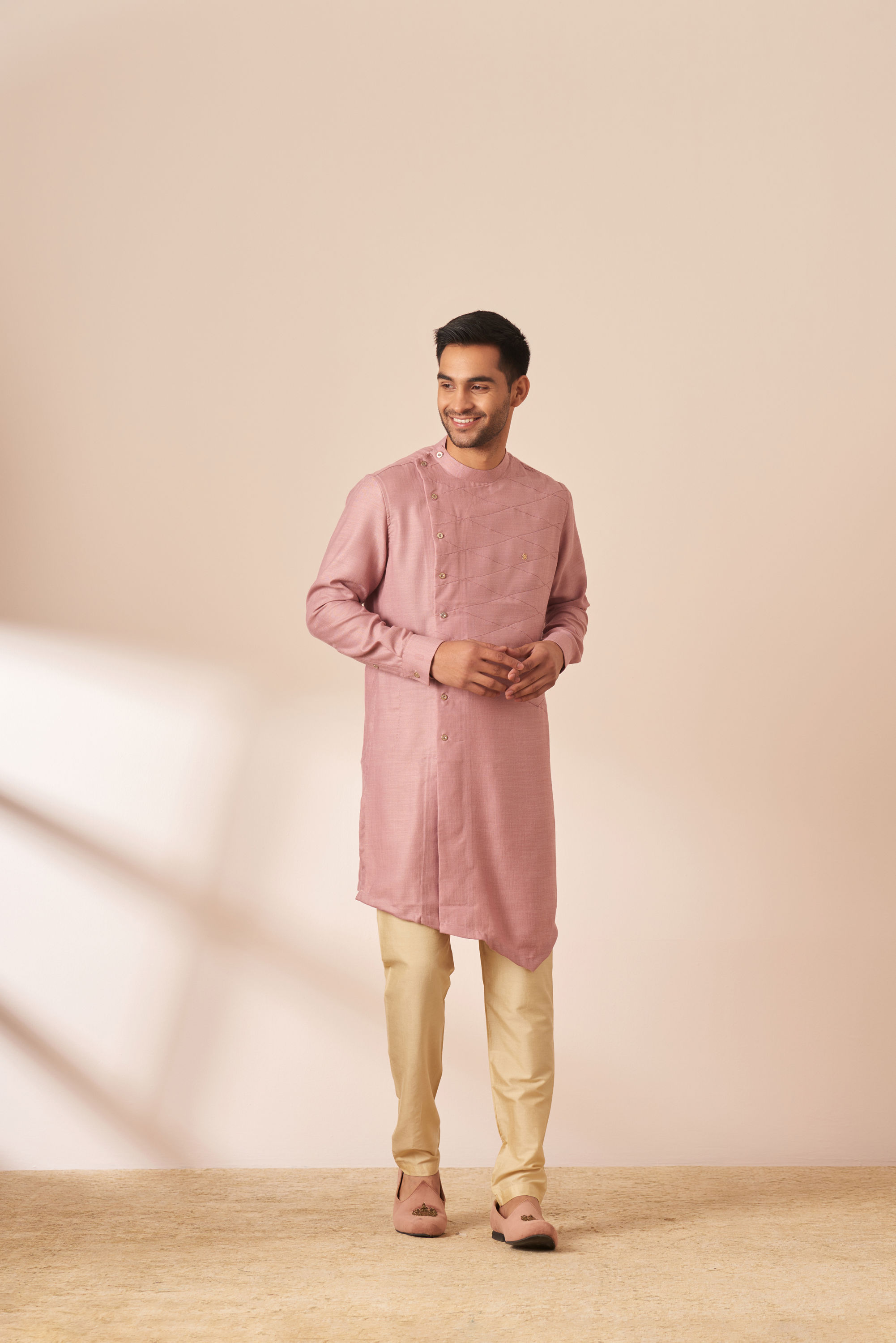 Manyavar Men Light Pink Thread Embroidered Kurta