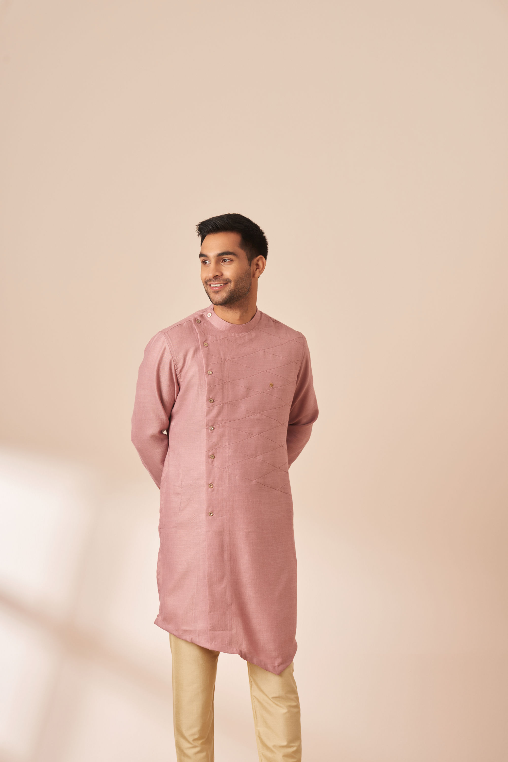 Manyavar Men Light Pink Thread Embroidered Kurta