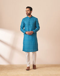 Manyavar Men Ocean Blue Printed Kurta