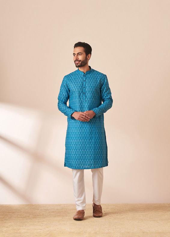 Manyavar Men Ocean Blue Printed Kurta