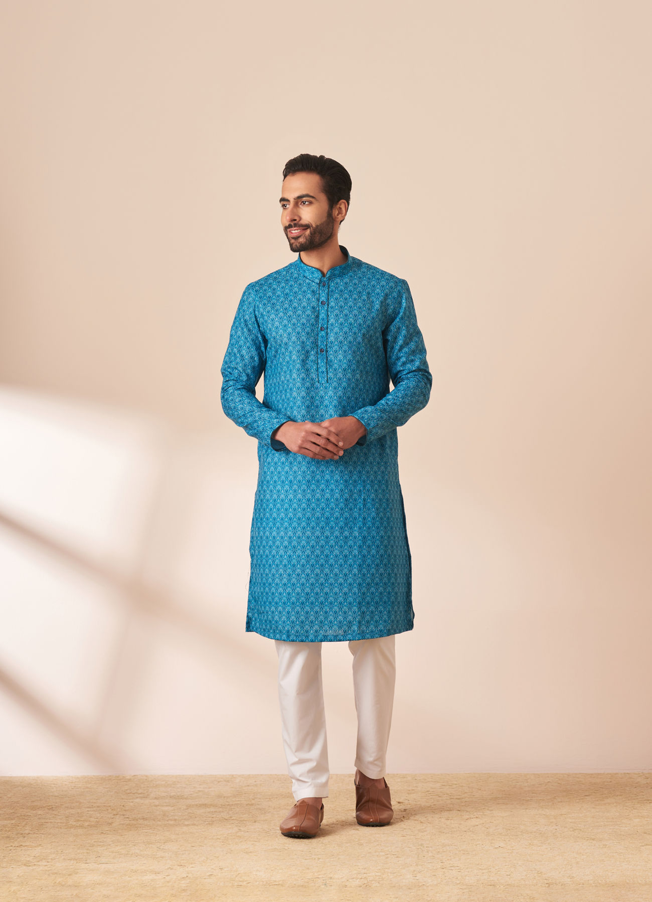 Manyavar Men Ocean Blue Printed Kurta