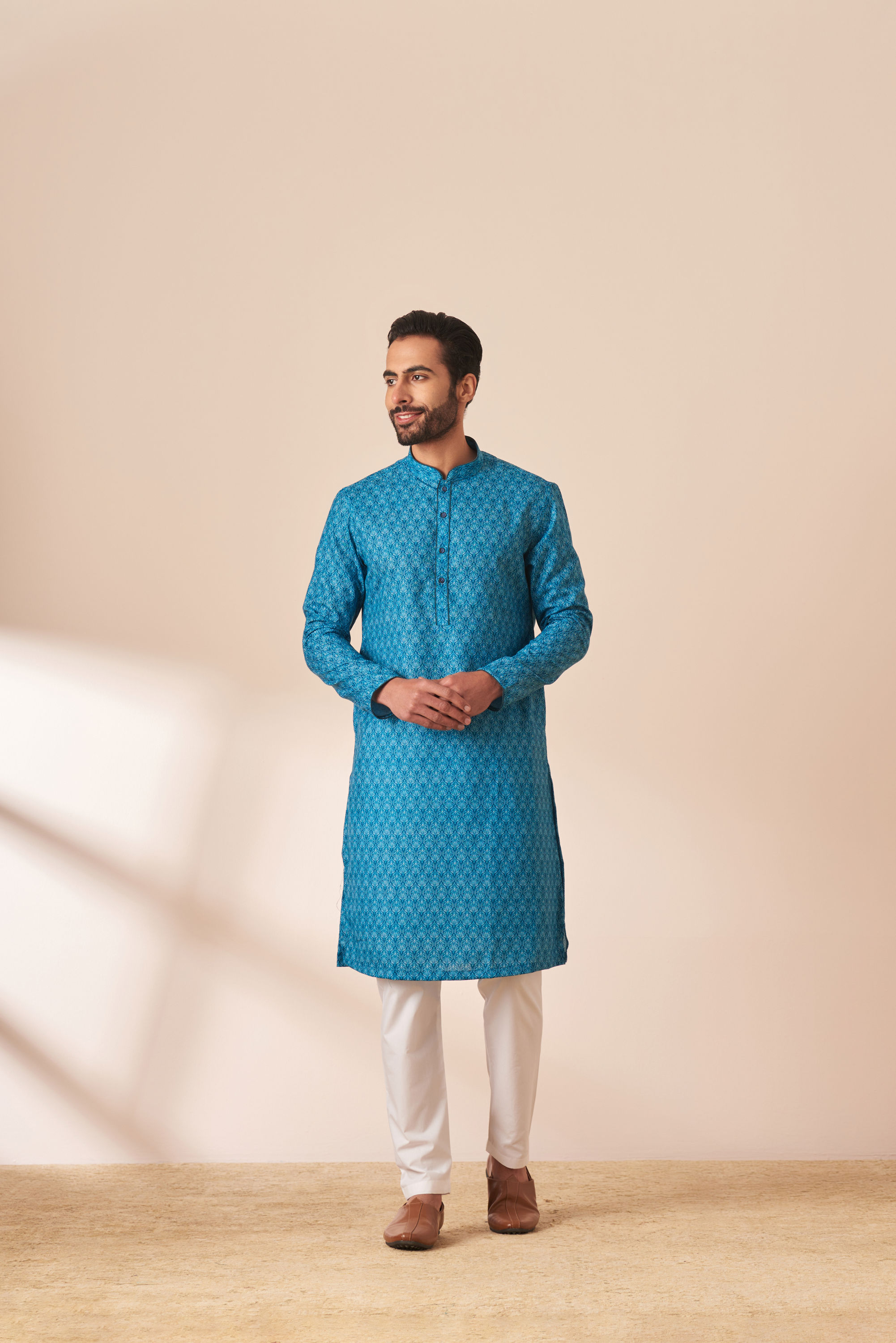 Manyavar Men Ocean Blue Printed Kurta