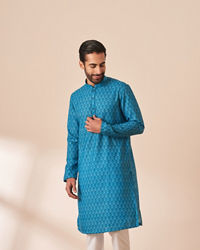 Manyavar Men Ocean Blue Printed Kurta