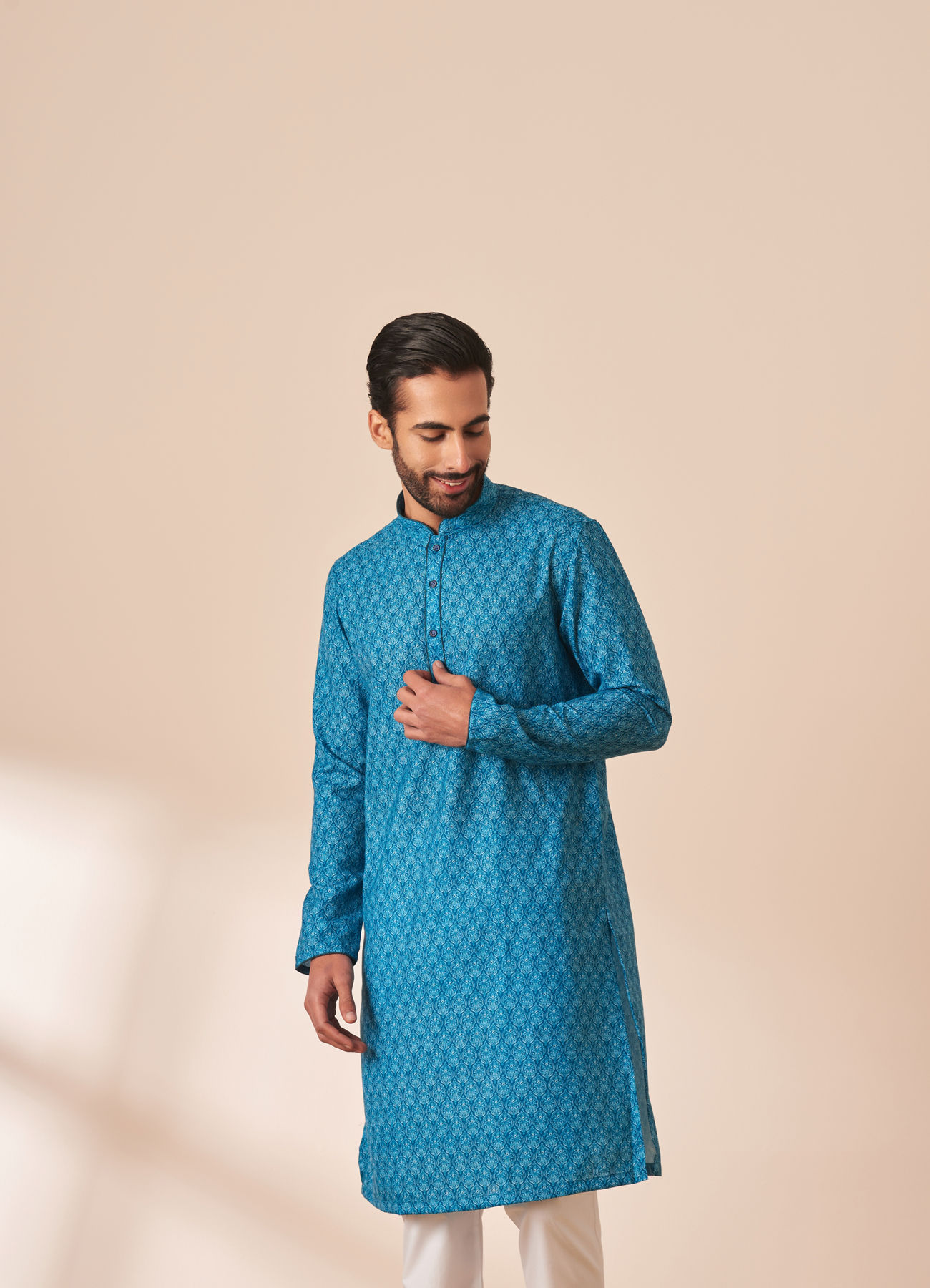 Manyavar Men Ocean Blue Printed Kurta