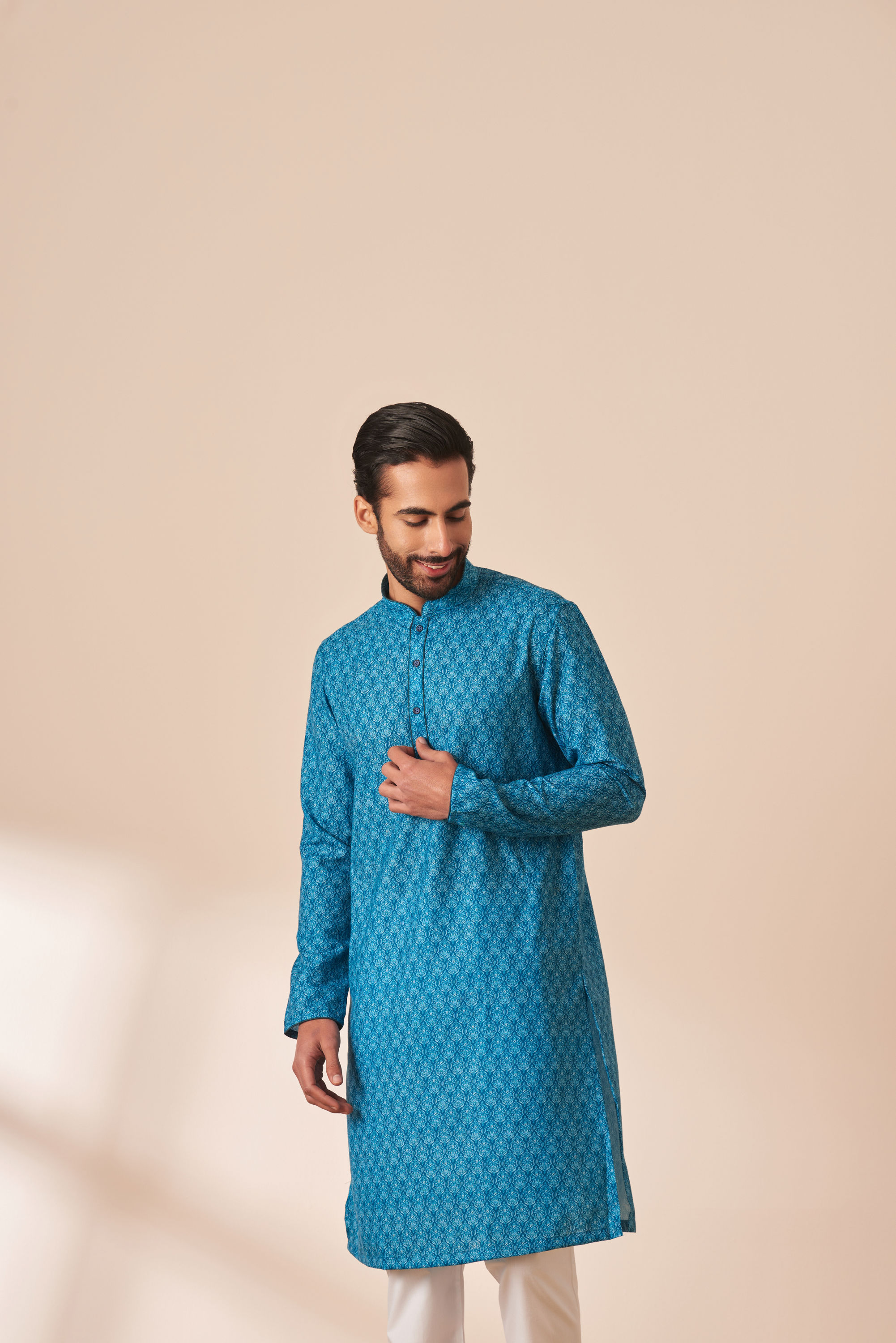 Manyavar Men Ocean Blue Printed Kurta