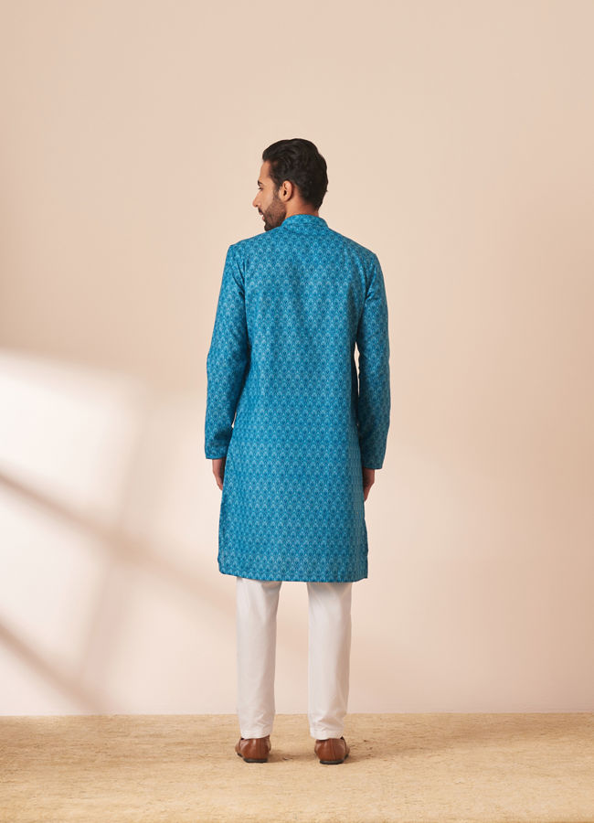 alt message - Manyavar Men Ocean Blue Printed Kurta image number 3