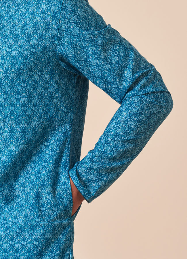 Manyavar Men Ocean Blue Printed Kurta
