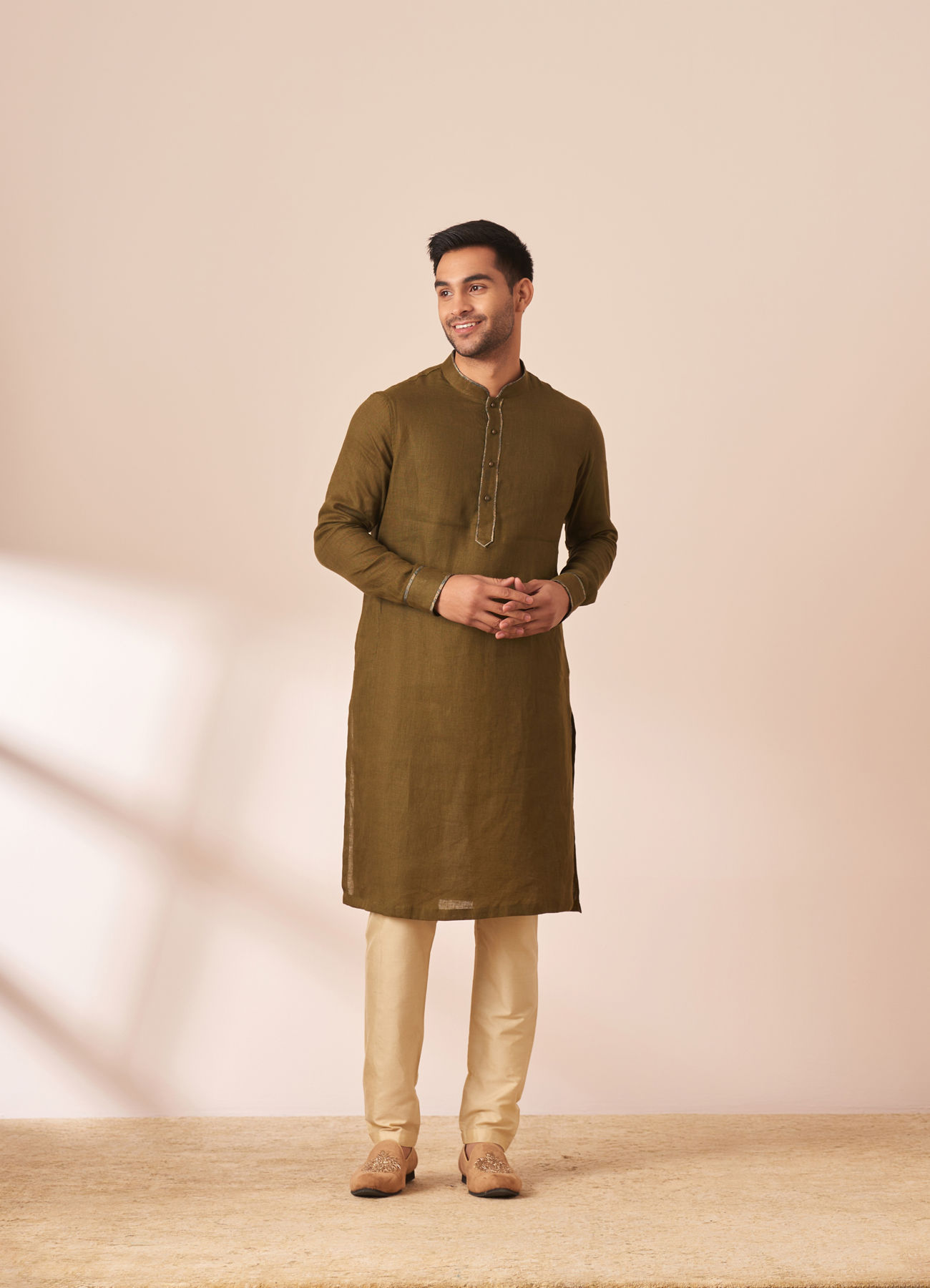 Manyavar Men Sap Green Plain Kurta